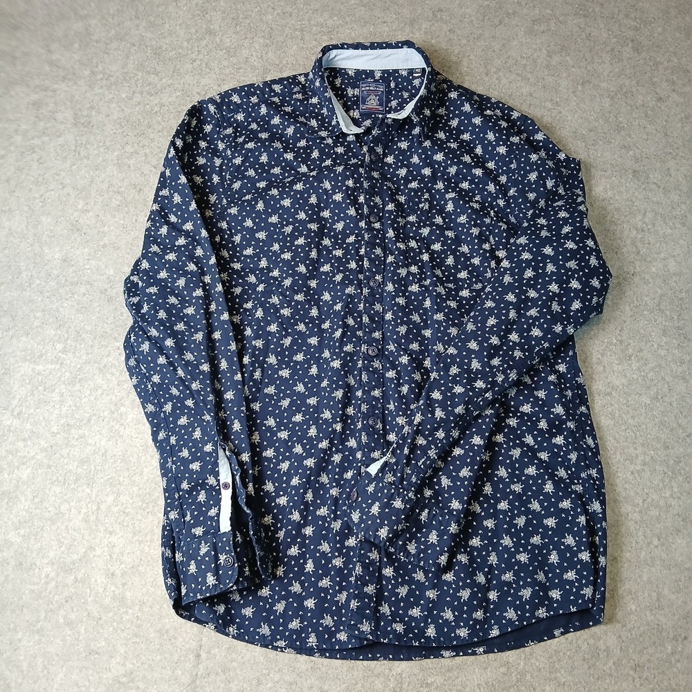 Allen Solly Button Down Shirt Mens 40‎ Navy Floral Cotton Long Sleeve Custom Fit